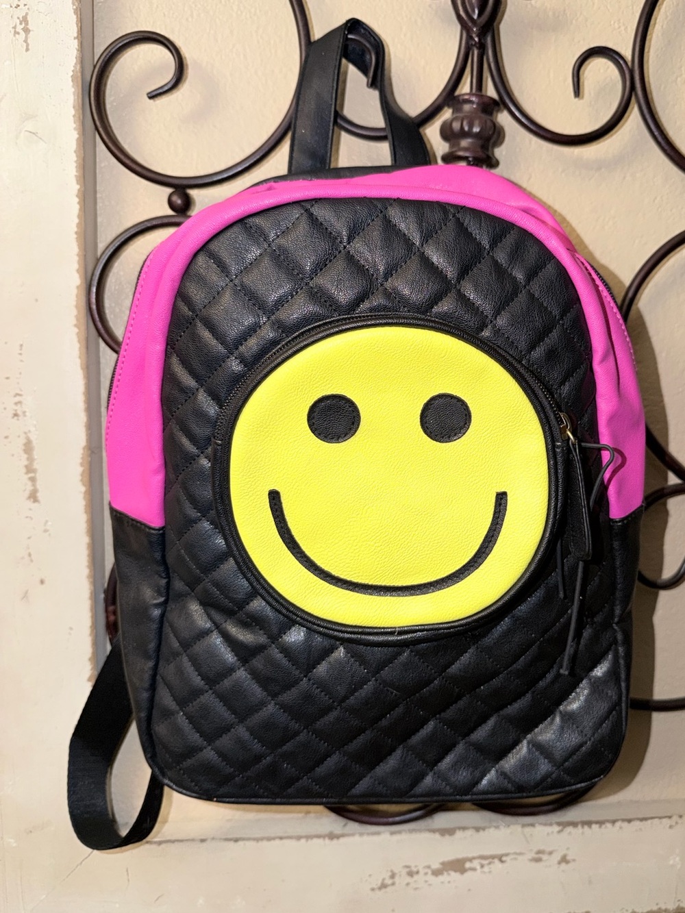 Betsey Johnson Black Quilted Backpack with Pink Trim & Yellow Smile Patch
